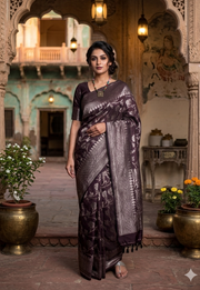 Blackberry and Silver Zari Jacquard Cotton Banarasi Saree