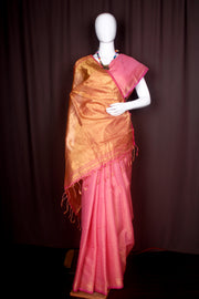 Pink and Golden Zari Jacquard Cotton Banarasi Saree with Magenta Border
