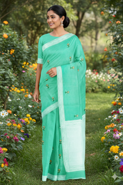 Green Jacquard Saree with Silver Zari Border and White and Yellow Butis