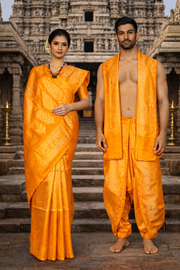 Orange and Silver Zari Jacquard Couple Set