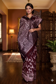 Blackberry and Silver Zari Jacquard Cotton Banarasi Saree