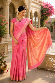Magenta Jacquard Banarasi Saree with Cyan and Golden Zari Border and Butis