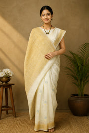 Baby Yellow Jacquard Semi Hand Spun Hand Woven Banarasi Saree with Silver and Golden Zari Border and Butas