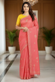 Red Hand Embroidered Kantha Saree with Blue and Yellow Border