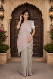 Gray Saree with kantha Floral Embroidery