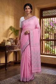 Pink Saree with kantha Floral Embroidery