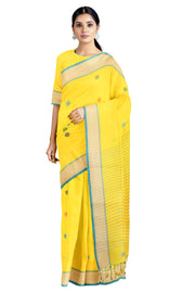 Lemon Yellow Saree with Butis and Sky Blue Border