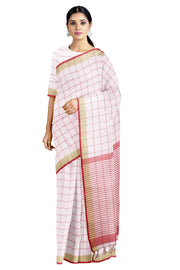White Saree with Beige and Red Checks and Border