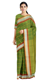 Green Saree with Yellow Check and Yellow, Red Border