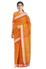 Orange Saree with Yellow Striped Checks and White,Red Border