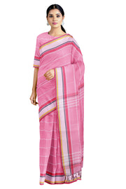 Pink Saree with White Striped Checks and Red,White Border