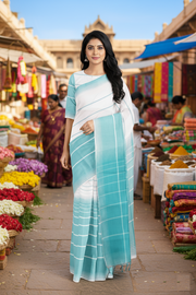 Cyan and White Striped Saree with Same Border