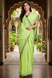 Green Saree with Yellow, Red and Blue Linings and Border