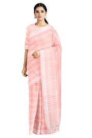 Peach Saree with White Checks and White Stripes Border
