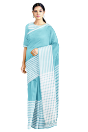 Turkish Blue Saree with White Striped Border