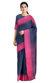 Denim Blue Saree with Magenta Stripes Border