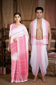 White Couple Set with Red Border and Stripes in Saree