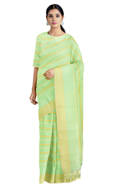 Parrot Green Saree with Yellow, Cream Striped and Cream Border