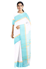 White Saree with Sky Blue Border