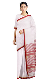 Self Striped White Saree with Beige and Red Border
