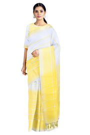 White and Yellow Saree with Yellow, White Striped Border