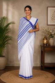 White Saree with Linings and Blue Border