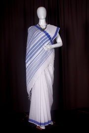White Saree with Linings and Blue Border