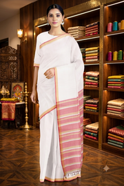 White Saree with Beige and Magenta Border