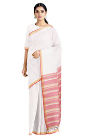 White Saree with Beige and Magenta Border