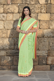 Green Saree with Buti and Carrot Pink Border