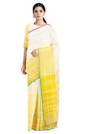 White and Yellow Striped Saree with Green and Magenta Border