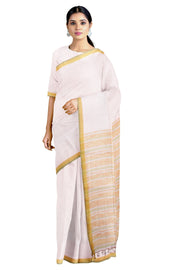 White Saree with Mustard Yellow and Green Border