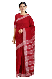Crimson Red Saree with White Striped Border