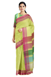 Mindaro Green Saree with Magenta Border and Multi Colour Stripes in Pallu and Body
