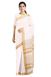 White Saree with Cream and Brown Linings and Beige Border