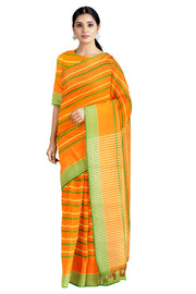 Orange Saree with Yellow and Green Stripes and Border