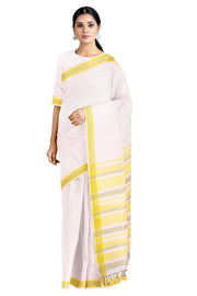 White Saree with Yellow and Green Border