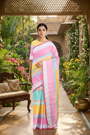 White, Pink, Yellow, and Green Saree with Magenta Border