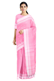 Pink Saree with White Stripes and White Border