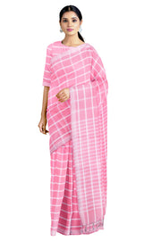 Handwoven Pink Cotton Check Saree