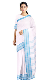 White Saree with Cerulean Blue Lining Border