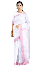 White Saree with Magenta and Orange Lining Border