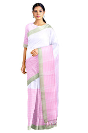 White and Pink Half Check Saree with Green Border