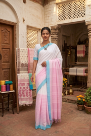 White and Pink Cut Shuttle Check Saree with Blue Border
