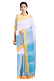 Umpire Blue and White Half Check Saree with Yellow Border