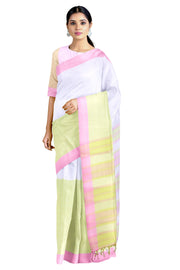 White and Mindaro Green Saree with Pink Border