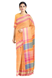 Multi Colour Lined Apricot Orange Saree with Magenta and Beige Border