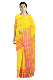 Butter Yellow Saree with Red and Pink Striped Border