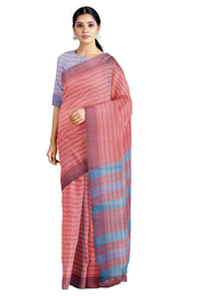 Red Saree with Blue and Purple Border and Stripes
