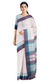 White Saree with Red, Cyan and Blue Border and Stripes